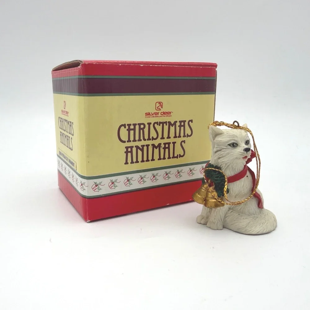 Silver Deer Christmas Animals Ornament White‎ Persian Cat 1990 Vintage